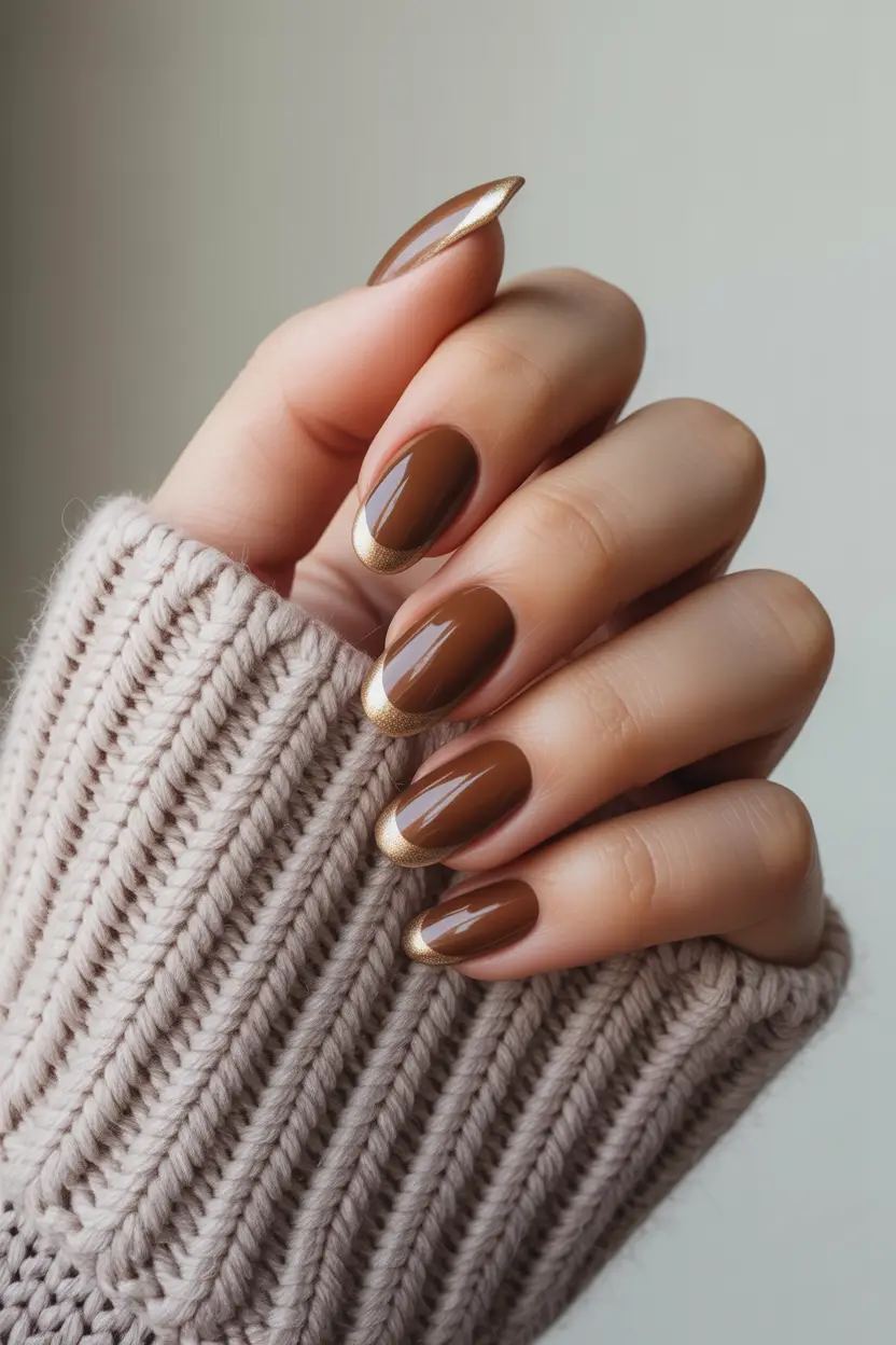 spring nails for dark skin Warm Chocolate Nails With Elegant Gold French Tips