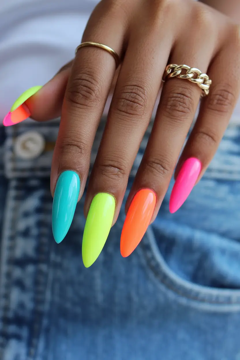 spring nails for dark skin Bright Neon Rainbow Stiletto Nails That Celebrate Spring Energy