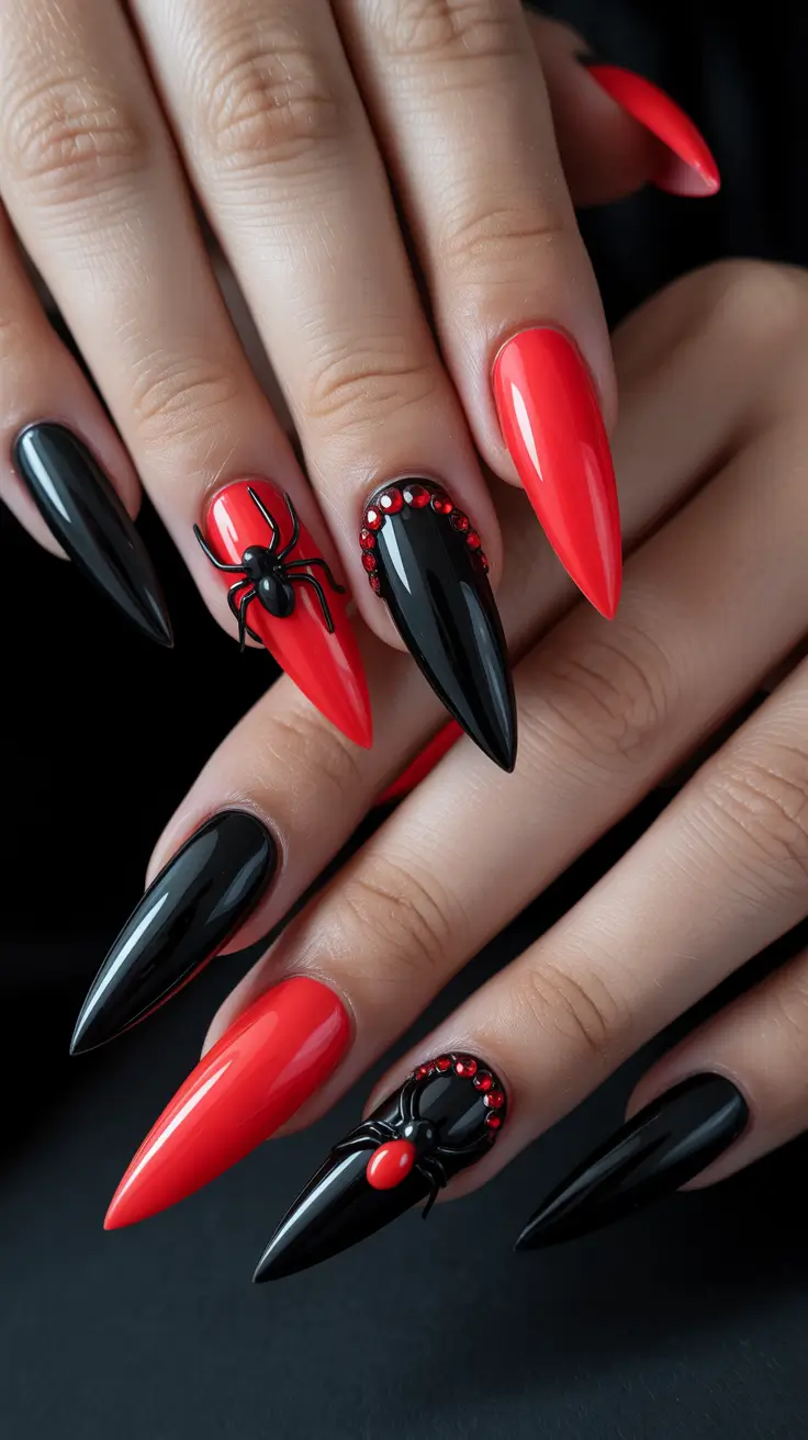 spring stiletto nails Red And Black Drama With Gothic Spider Details