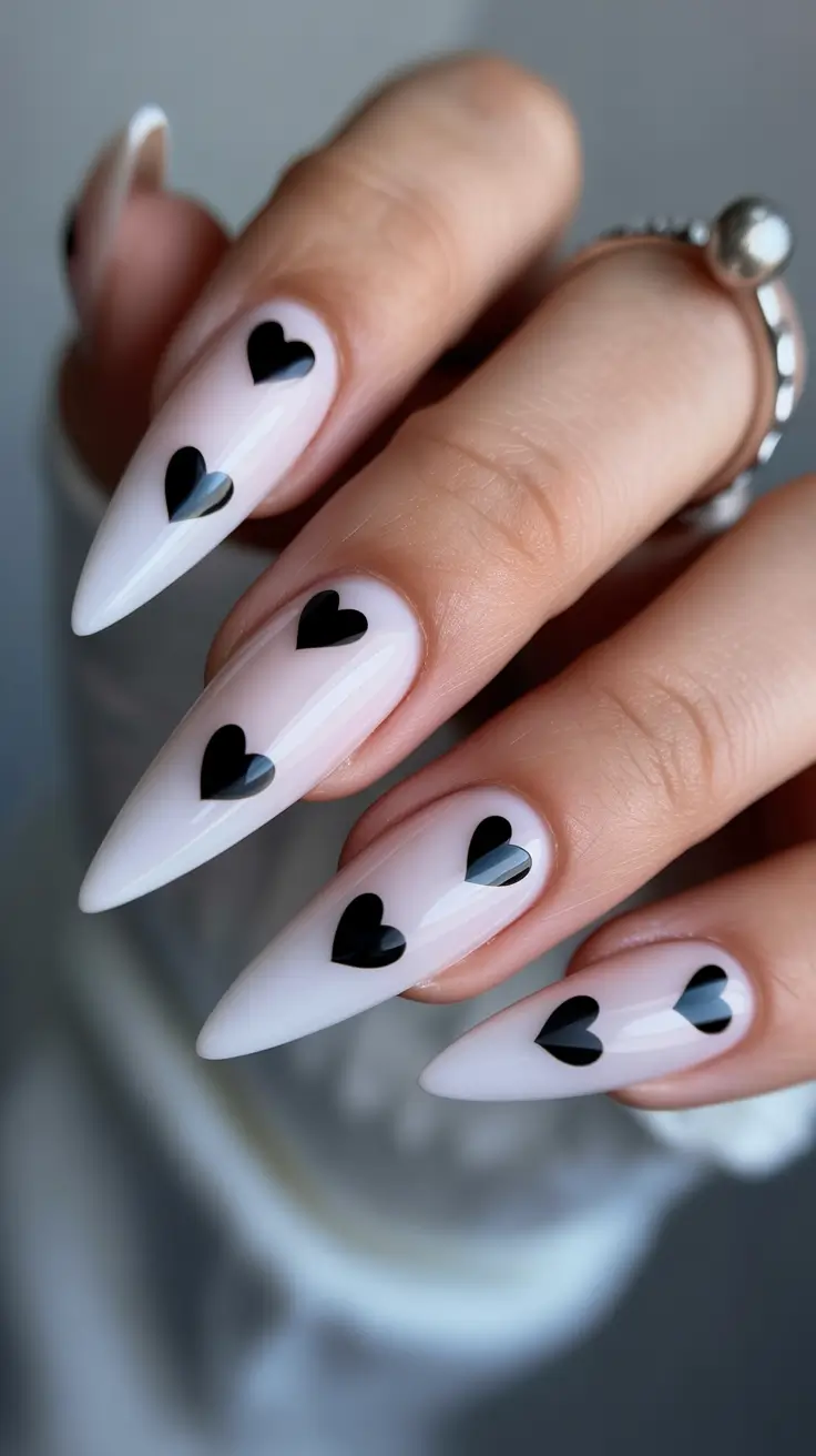 spring stiletto nails White And Black Heart Contrast Stiletto