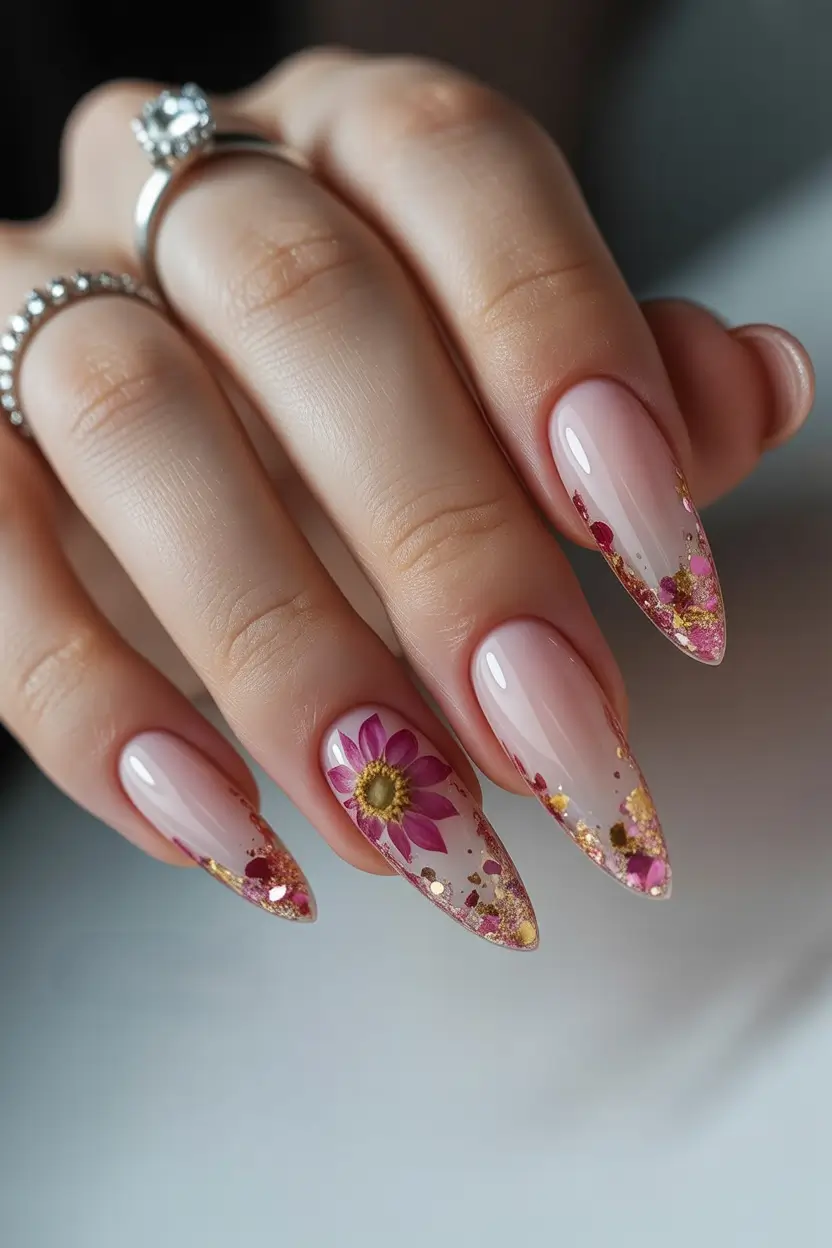 spring stiletto nails Blush Floral With Encapsulated Glitter