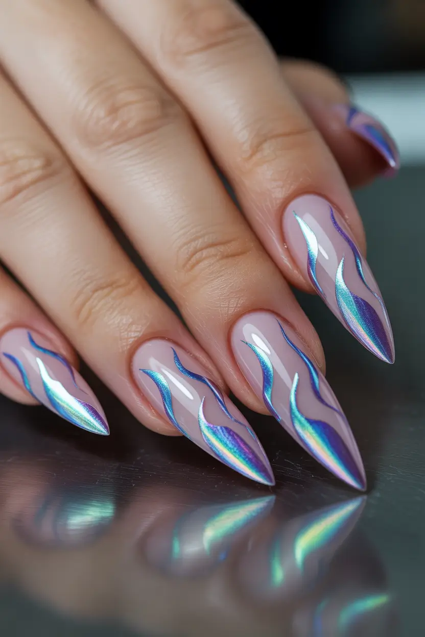 spring stiletto nails Iridescent Chrome Flames In Cool Tones