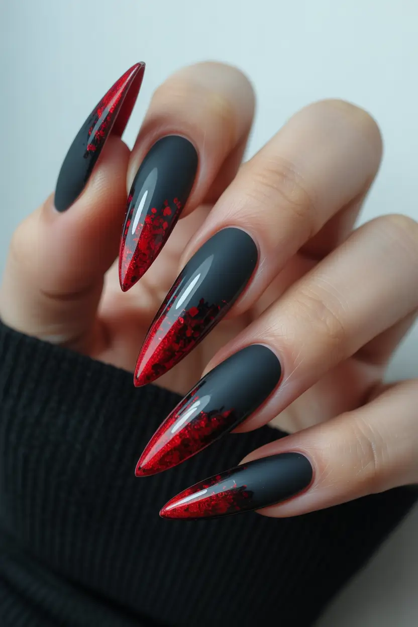spring stiletto nails Matte Black And Red Ombre Drama