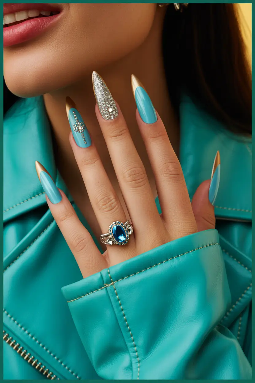 spring stiletto nails Turquoise And Gold Luxe Statement