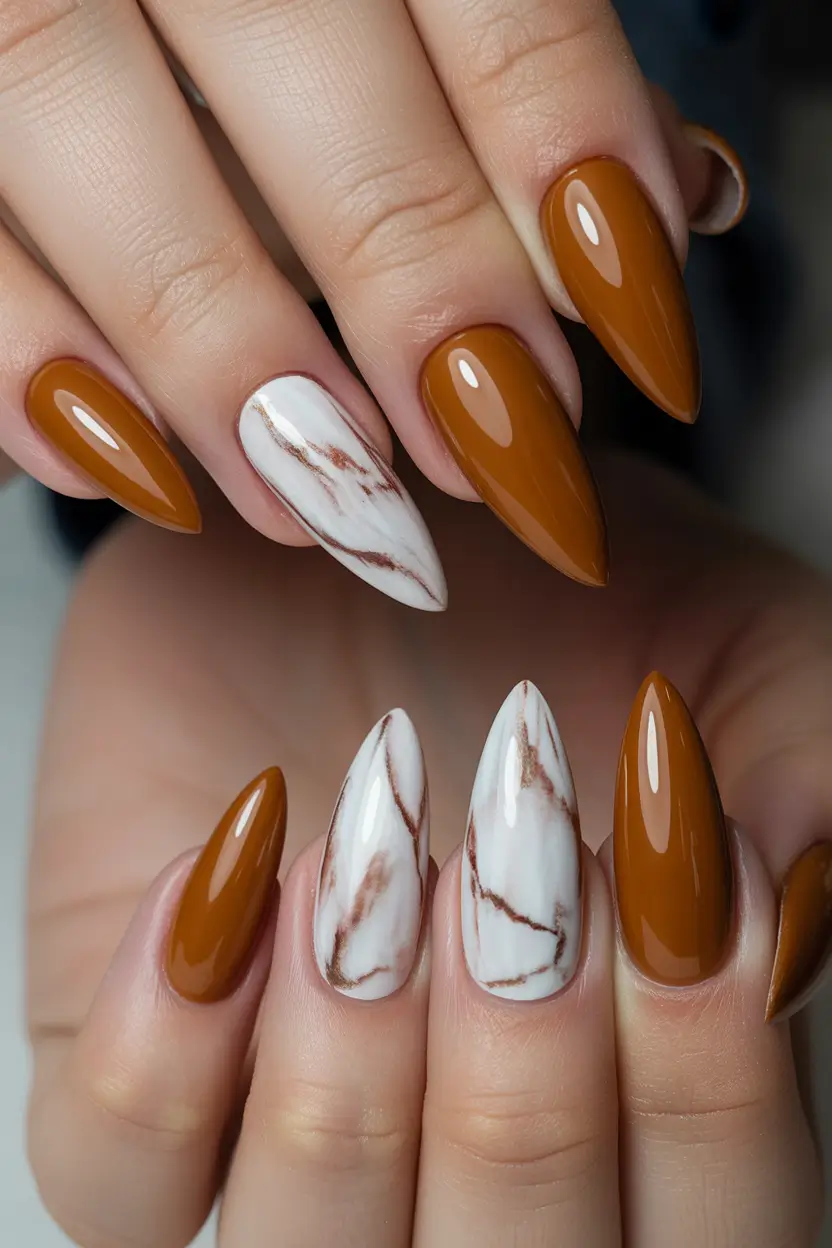 spring stiletto nails Warm Caramel Marble Elegance