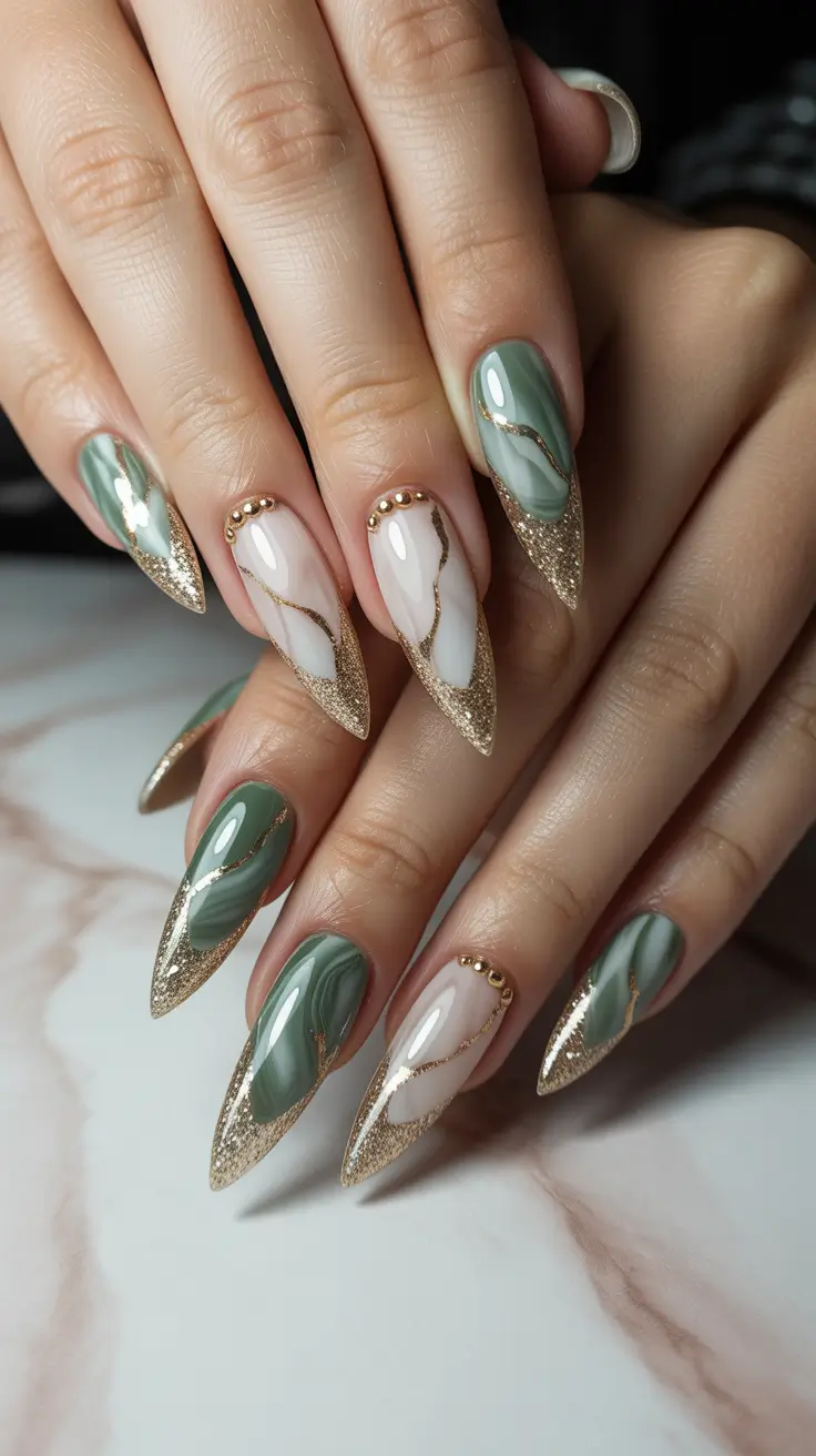 spring stiletto nails Sage Green And Gold Vein Luxury Tips
