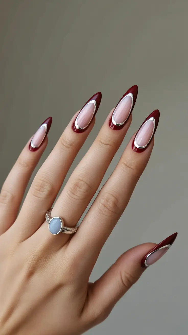 spring stiletto nails Burgundy Chrome Frame French