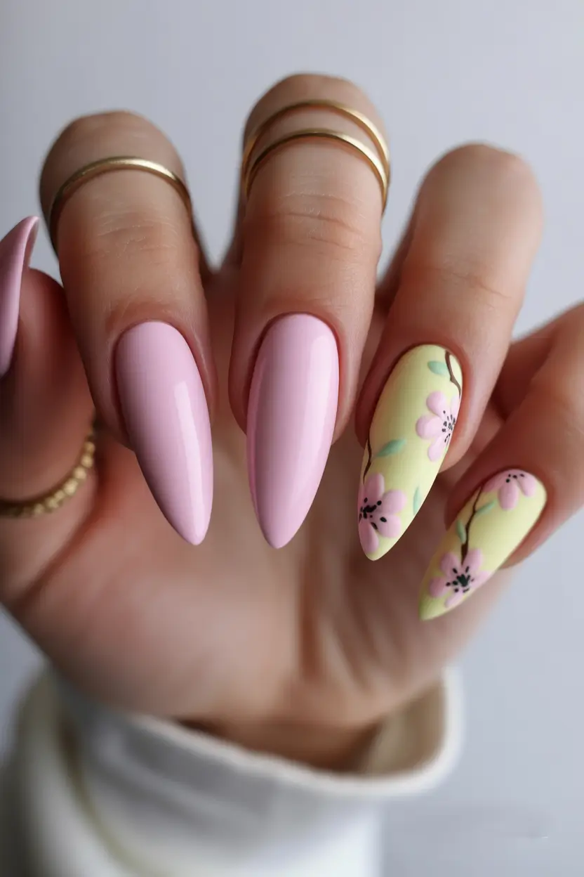 spring stiletto nails Soft Pink And Lemon Blossom Spring Nails