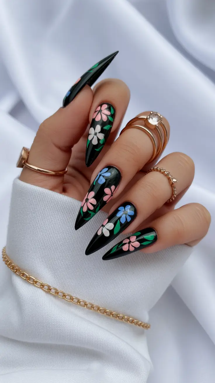 spring stiletto nails Midnight Garden Florals On Black