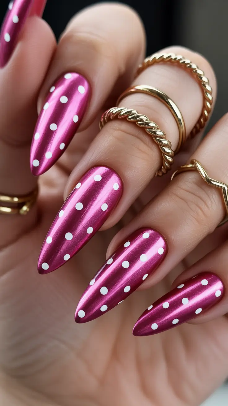 spring stiletto nails Metallic Pink Polka Dot Statement