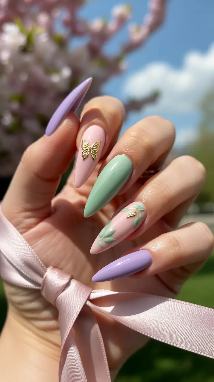 spring stiletto nails Pastel Garden Butterfly Elegance