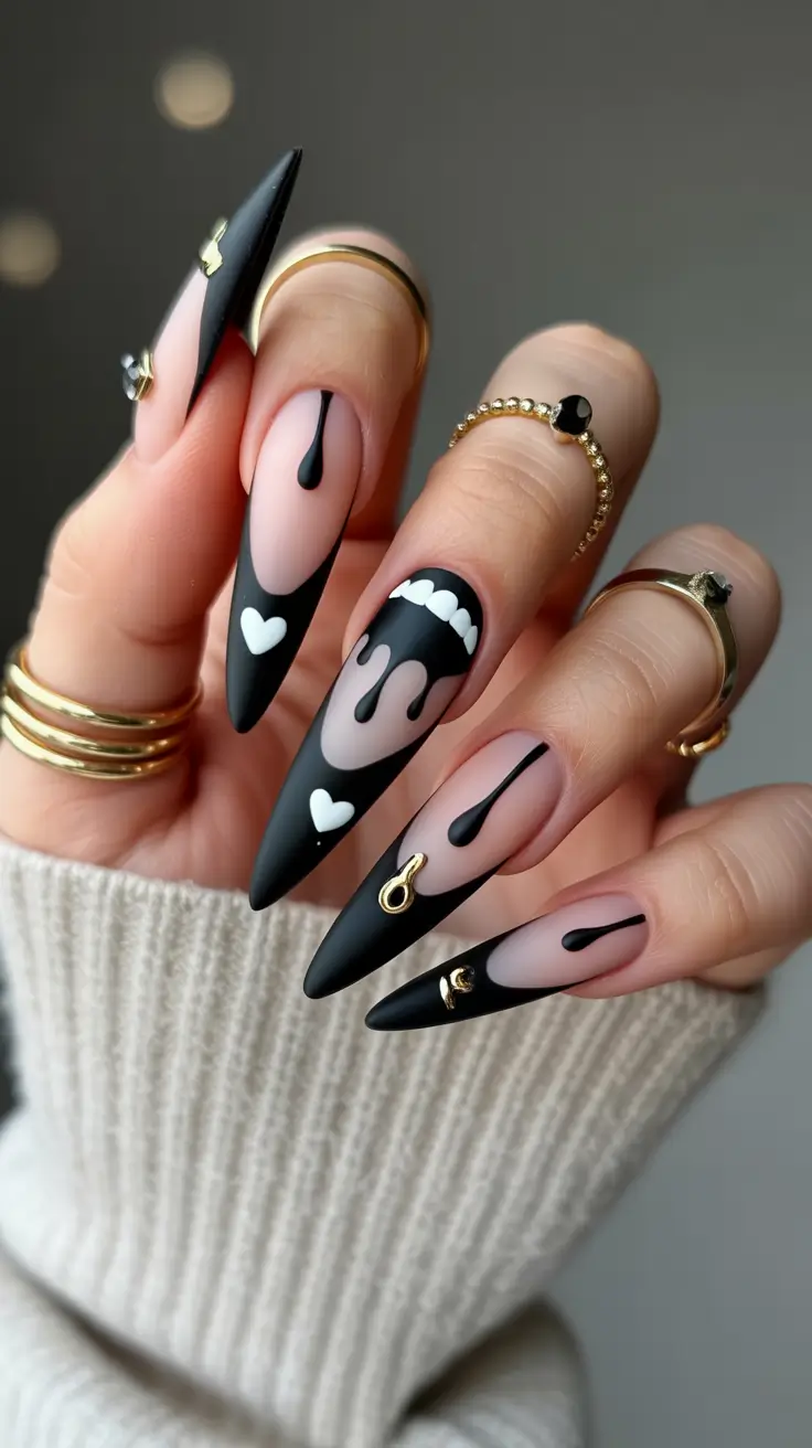 spring stiletto nails Matte Blush And Black Graphic Hearts