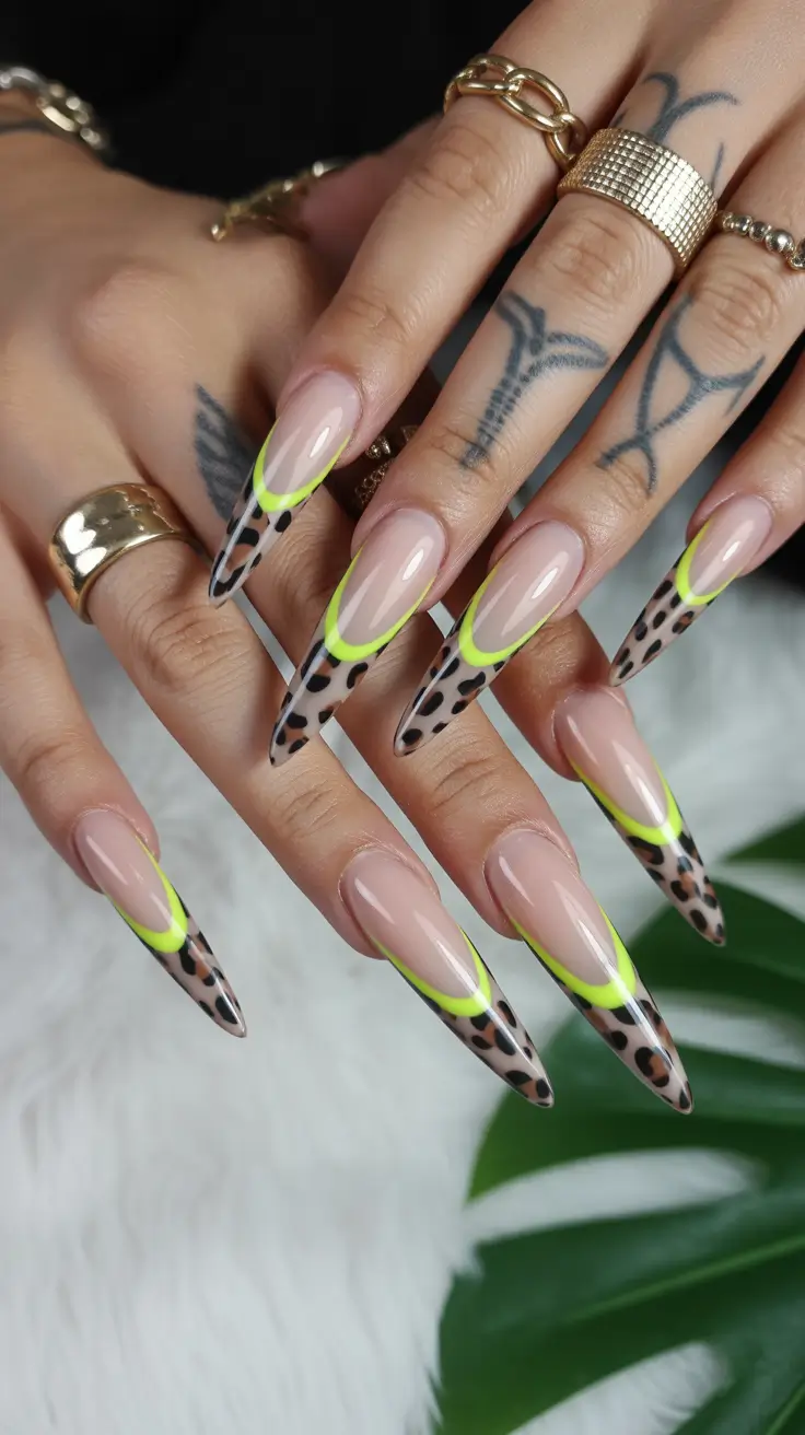 spring stiletto nails Neon French With Leopard Twist