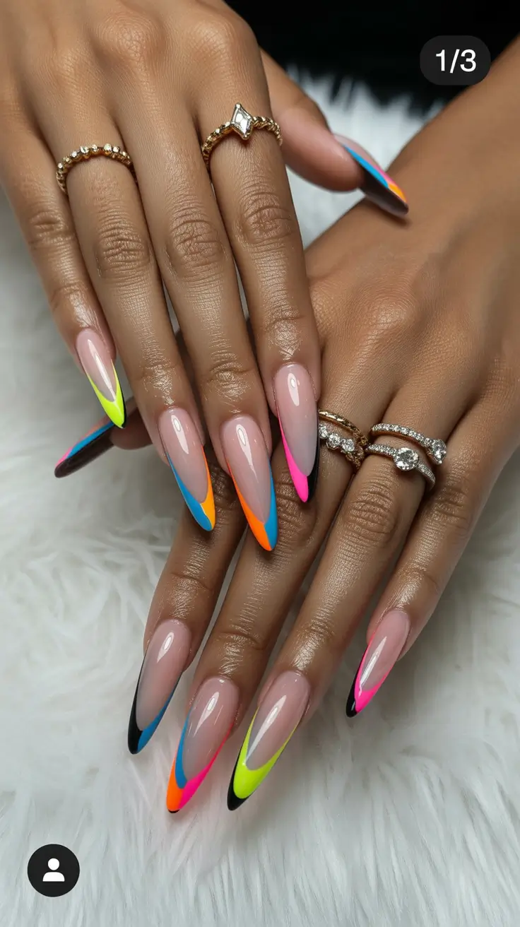 spring stiletto nails Neon French Tips With Sharp Color Contrast