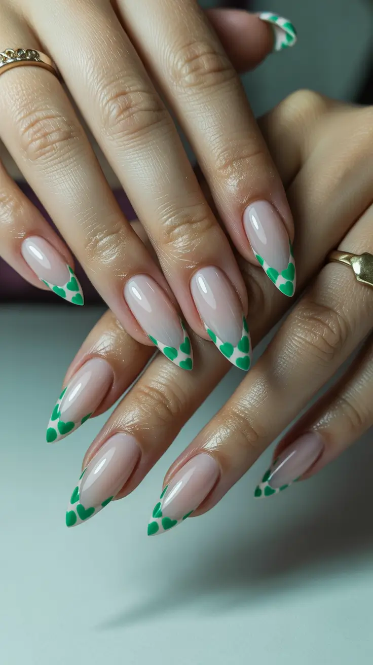 spring stiletto nails Green Heart French With Minimalist Charm