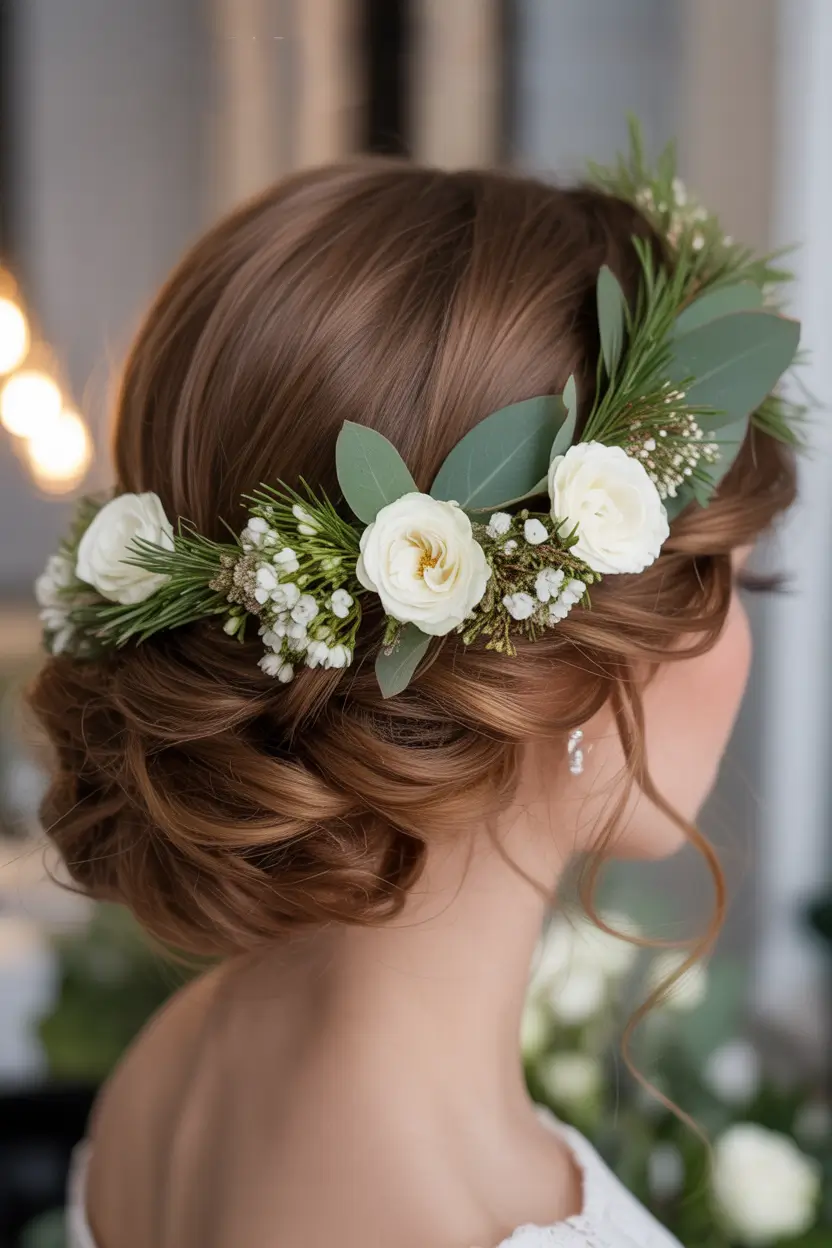 graduation hairstyles ideas 2026 Romantic Floral Crown Low Bun Graduation Style