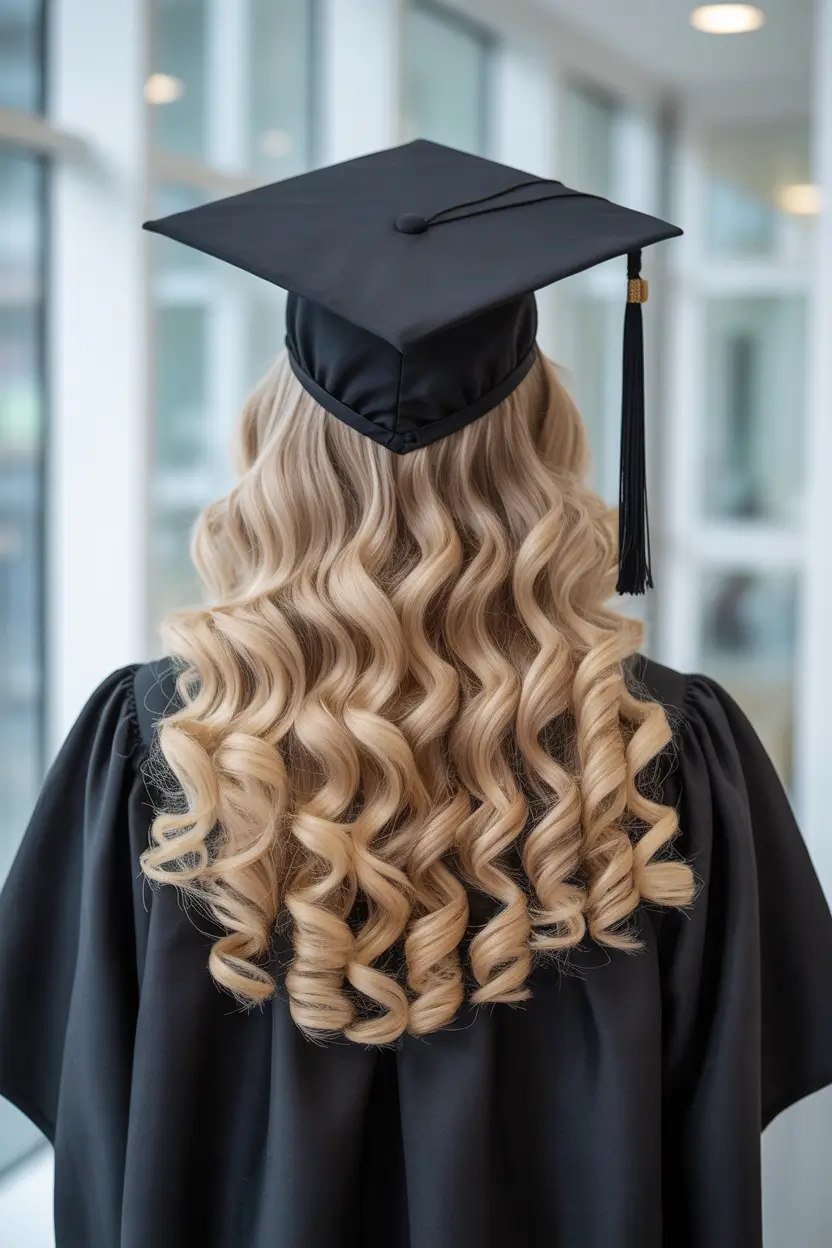 graduation hairstyles ideas 2026 Long Curly Hair With Graduation Cap