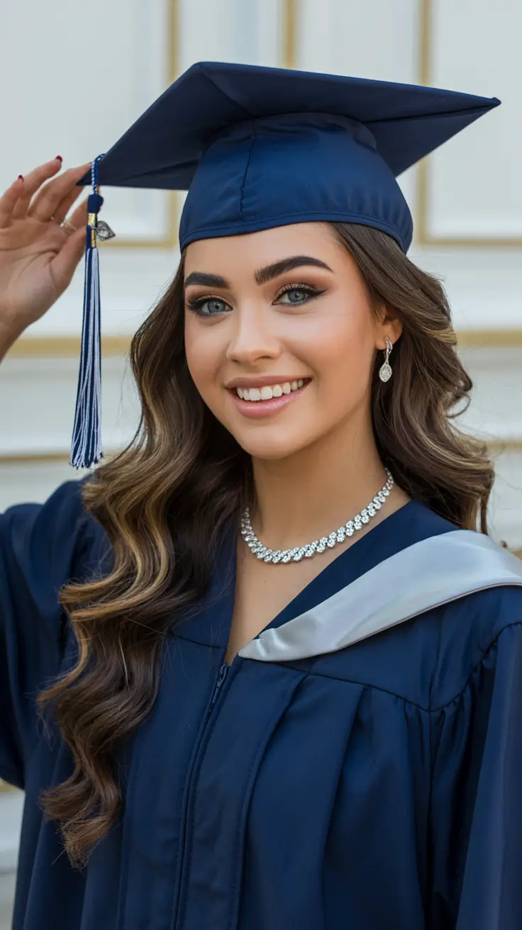graduation hairstyles ideas 2026 Soft Curly Waves Under Graduation Cap