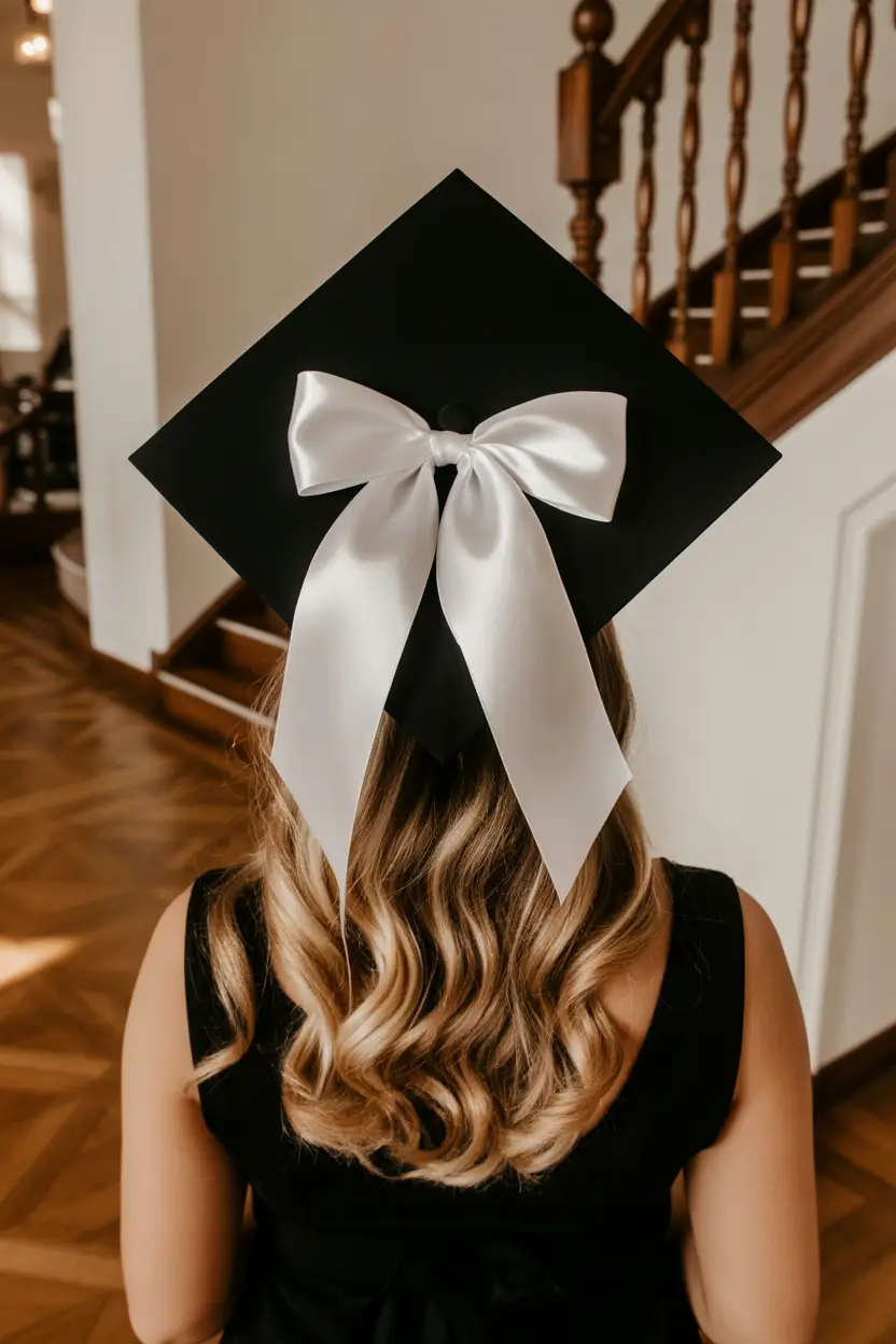 graduation hairstyles with cap ideas 2026 Soft Long Waves With Graduation Bow Accent