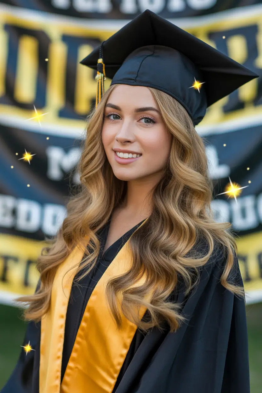 graduation hairstyles with cap ideas 2026 Soft Curly Long Graduation Hair With Romantic Volume