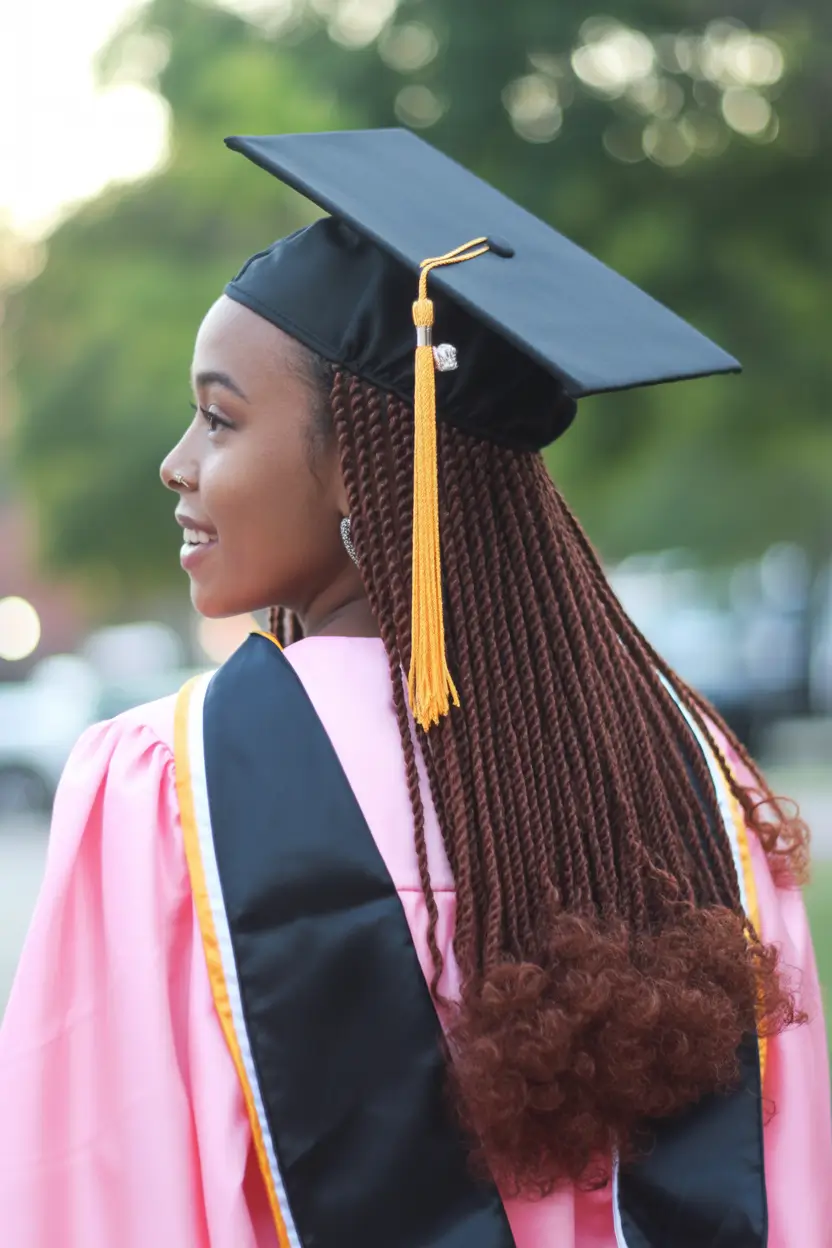 graduation hairstyles with cap ideas 2026 Long Black Braids With Curly Ends Graduation Style