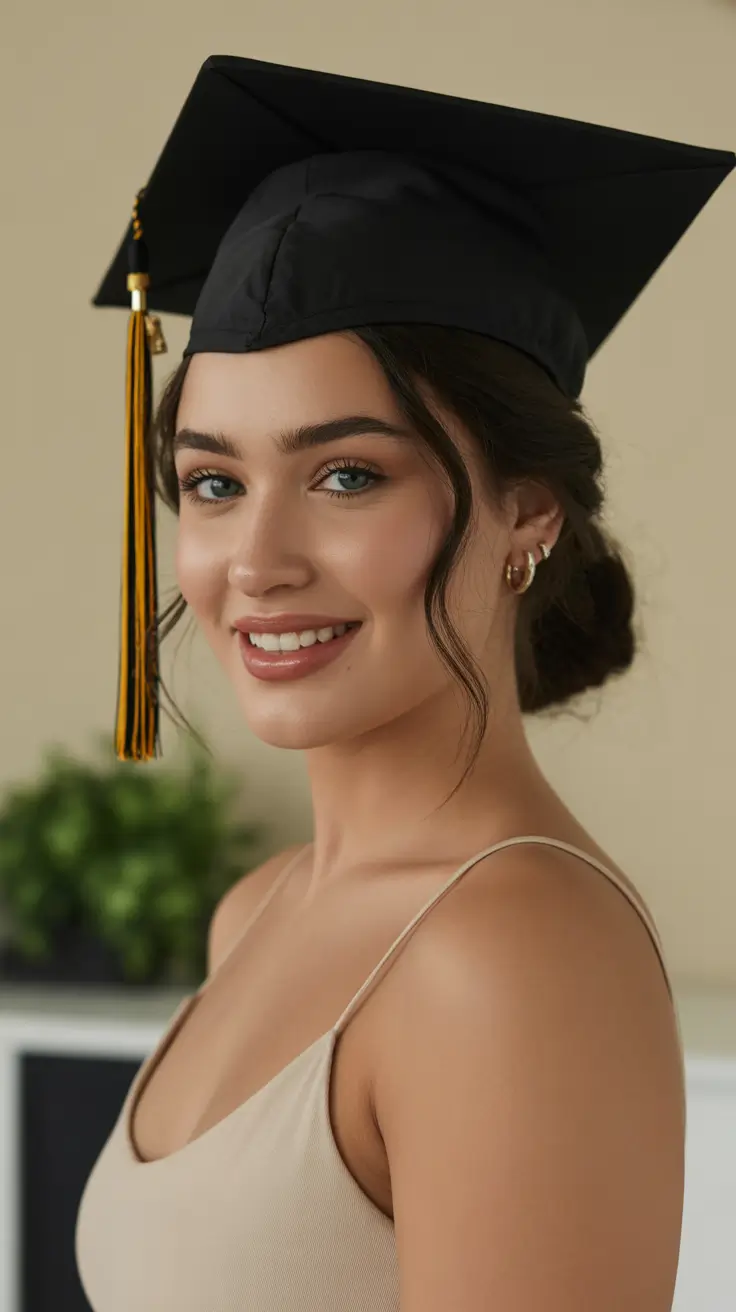 graduation hairstyles with cap ideas 2026 Low Bun Graduation Hairstyle With Soft Side Strands