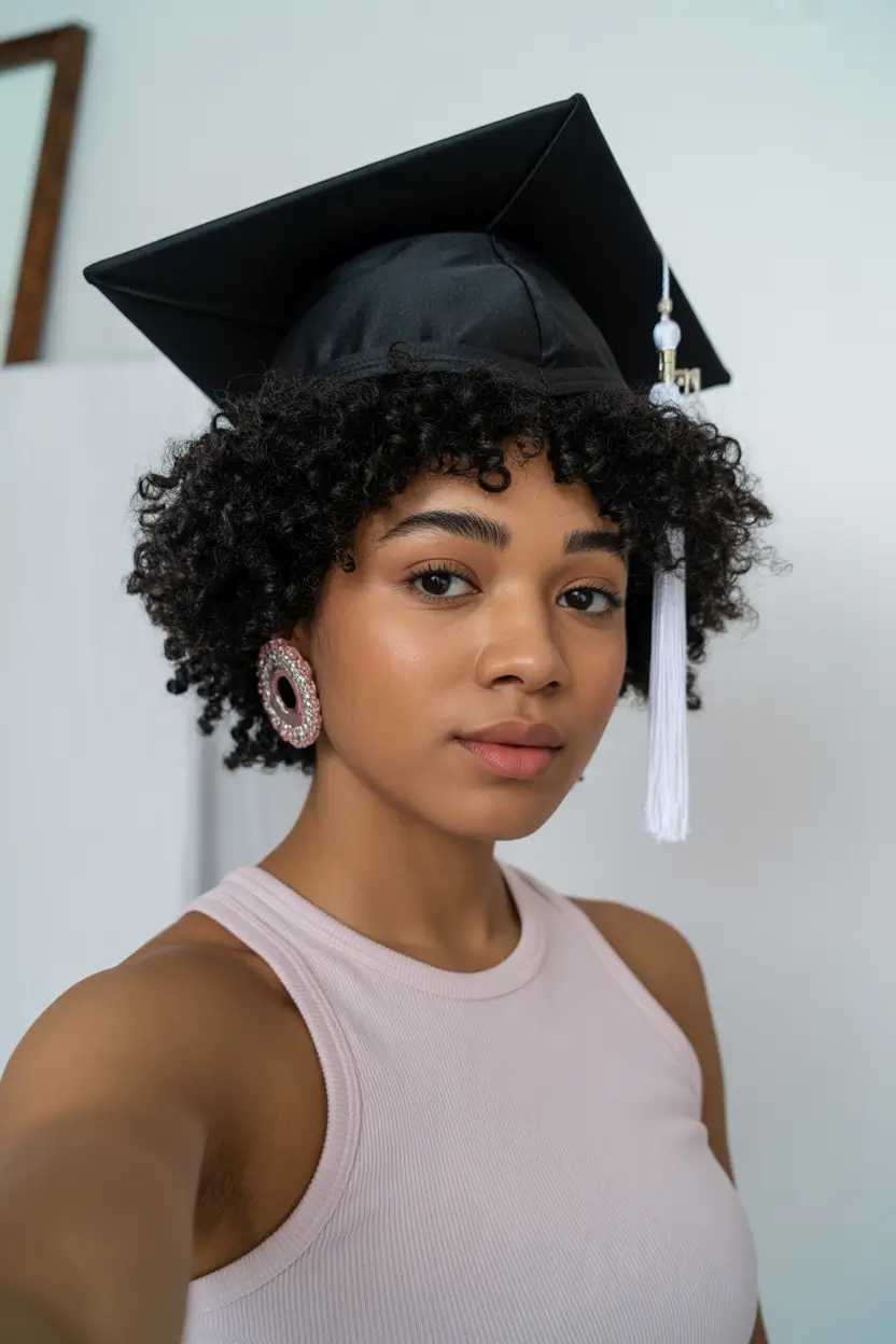 graduation hairstyles with cap ideas 2026 Short Hair Curls Graduation Style With Natural Volume