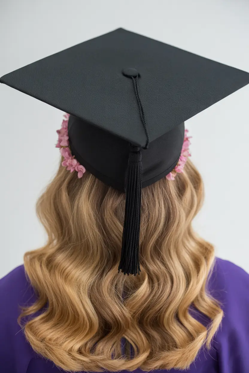 graduation hairstyles with cap ideas 2026 Medium Hair Graduation Waves With Decorative Cap Accent