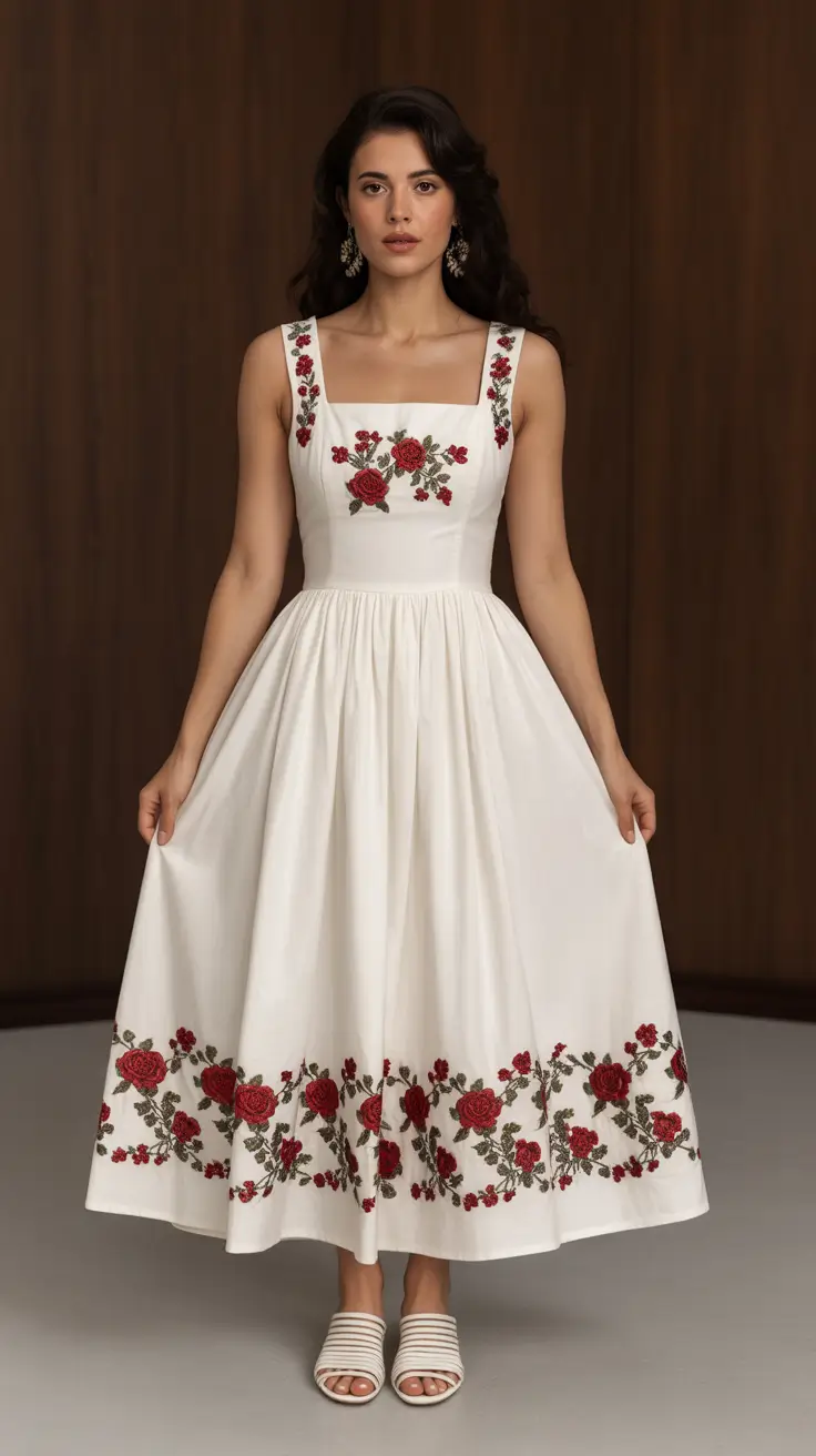 23 graduation look ideas 2026 Classic Ivory Dress With Red Floral Embroidery