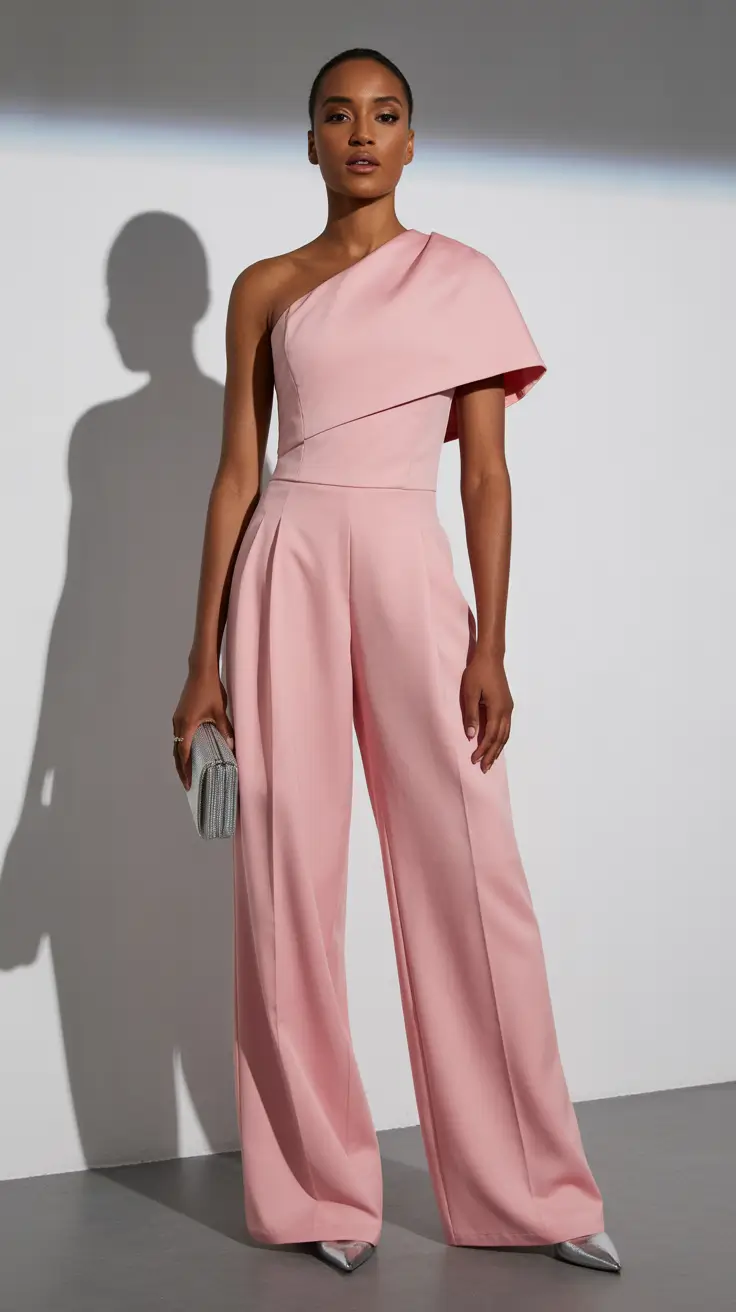 23 graduation look ideas 2026 Soft Pink One Shoulder Graduation Jumpsuit