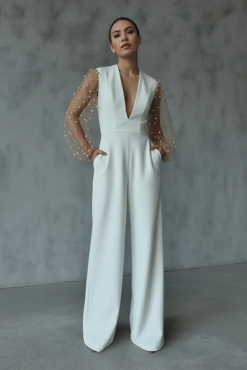 23 graduation look ideas 2026 Elegant White Pearl Sleeve Graduation Jumpsuit