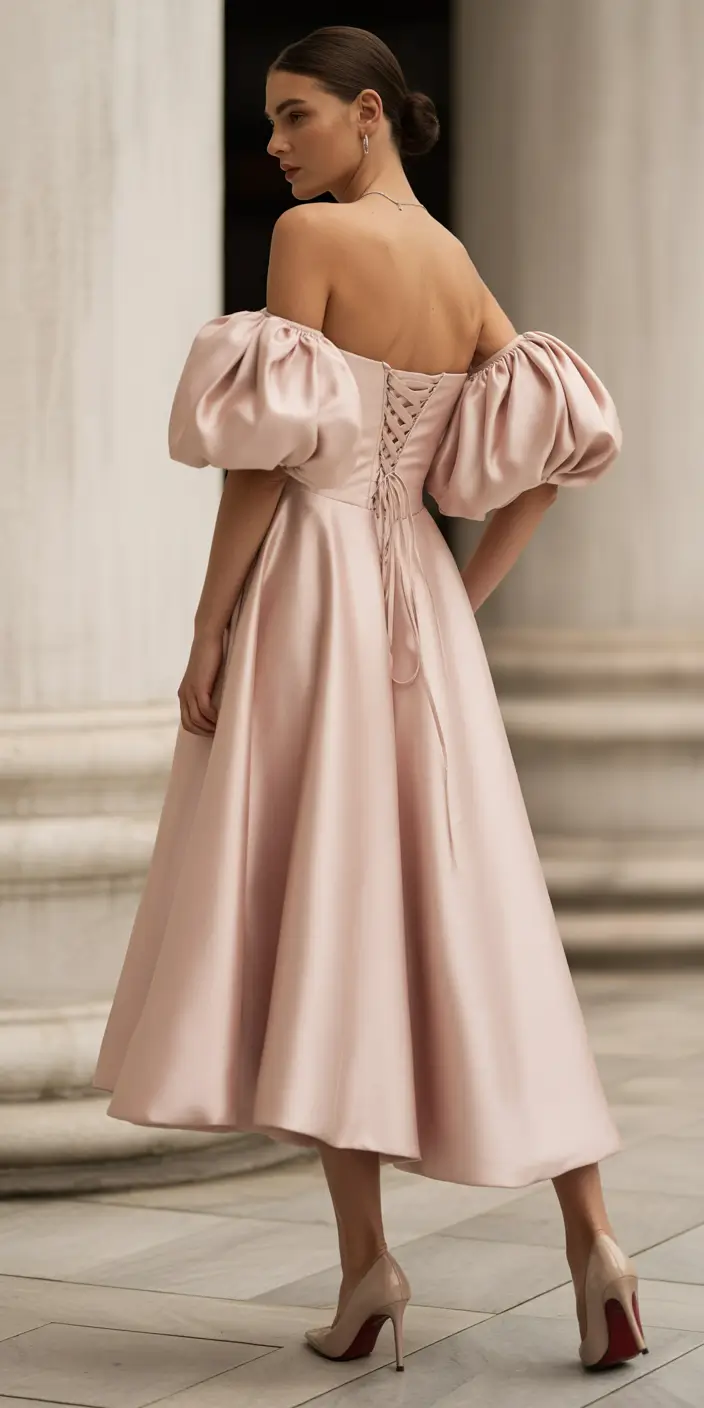 23 graduation look ideas 2026 Soft Blush Off Shoulder Graduation Midi Dress