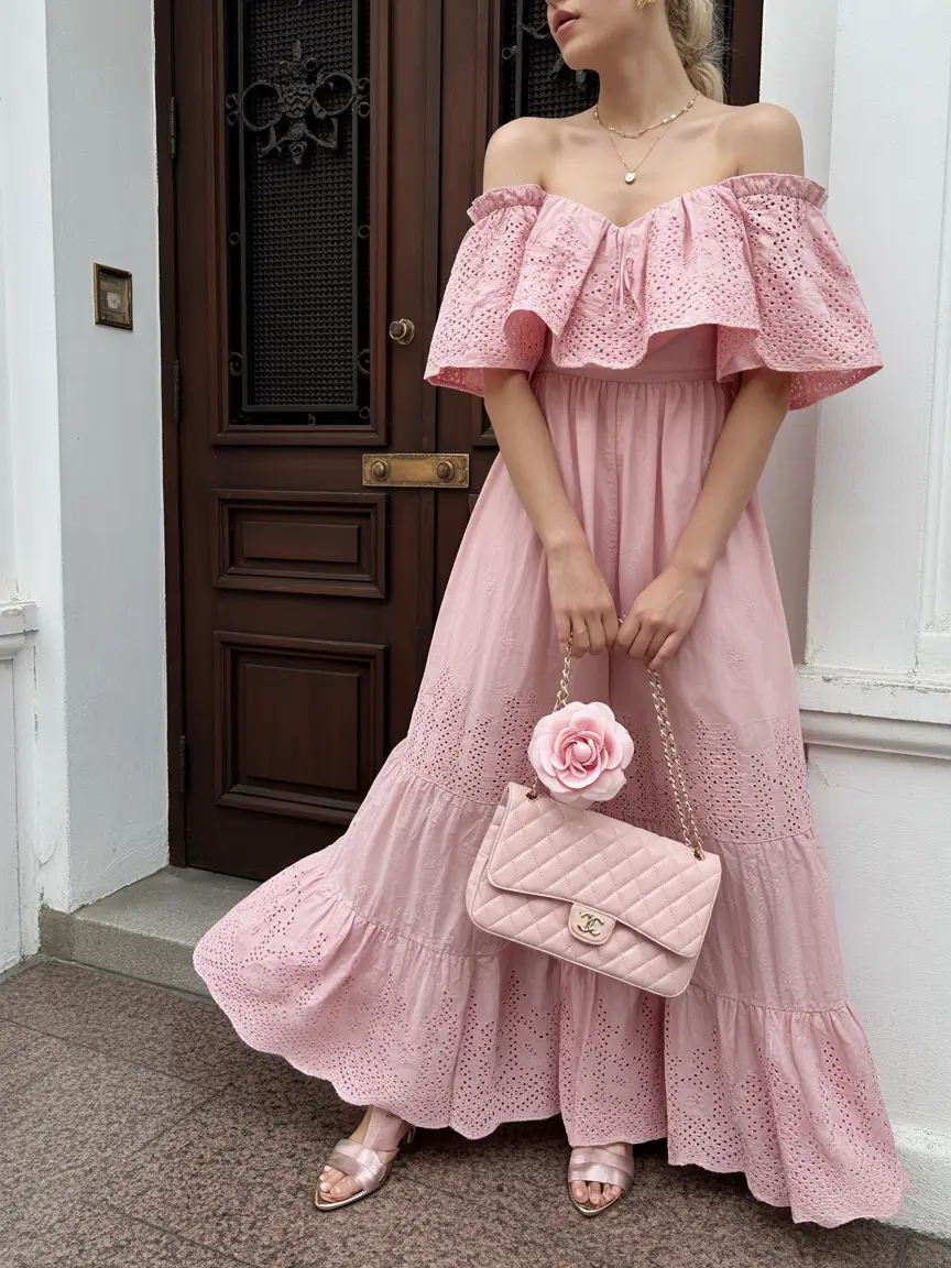 23 graduation look ideas 2026 Romantic Pink Eyelet Graduation Maxi Dress
