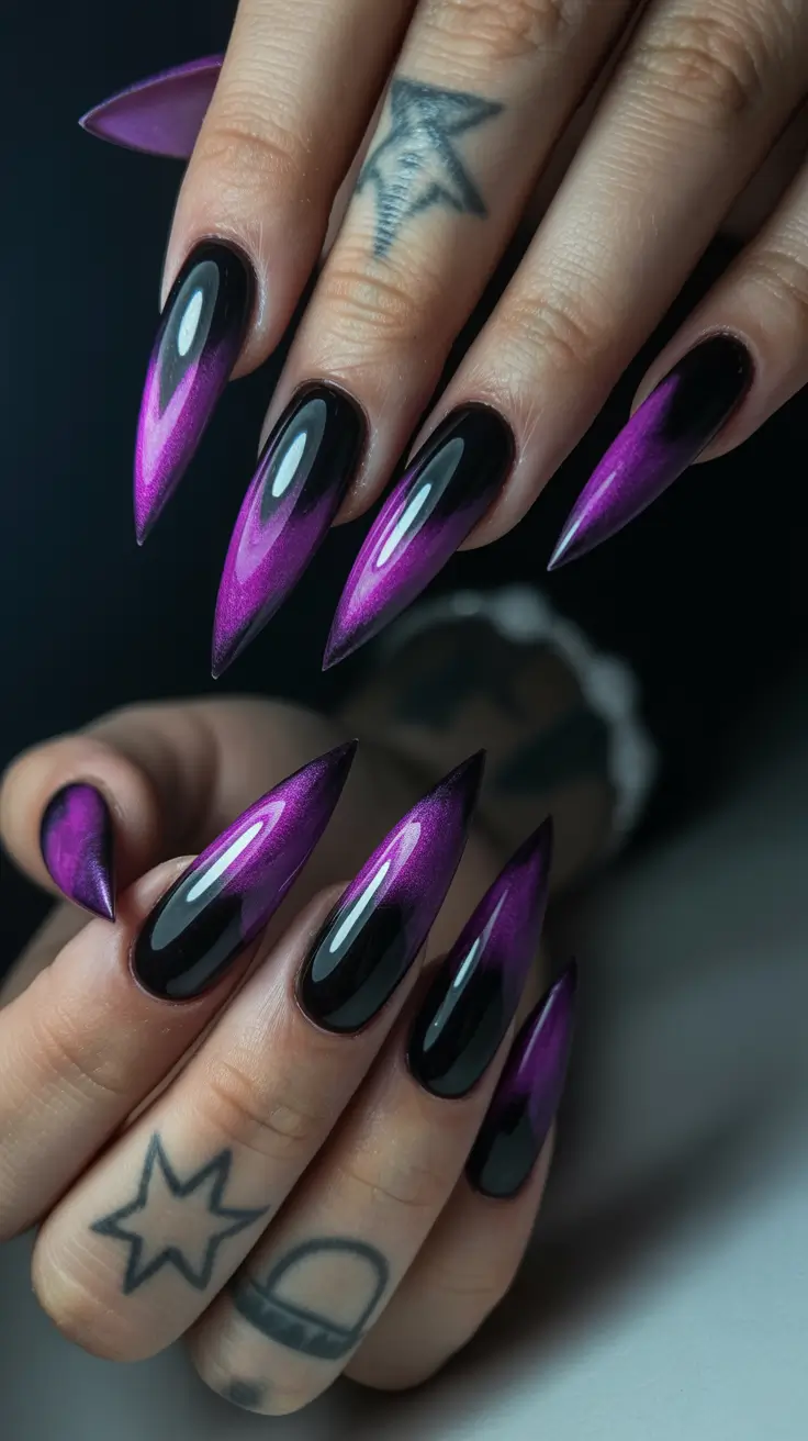 graduation nail color ideas 2026 Dark Purple Chrome Stiletto Nails with Dramatic Shine