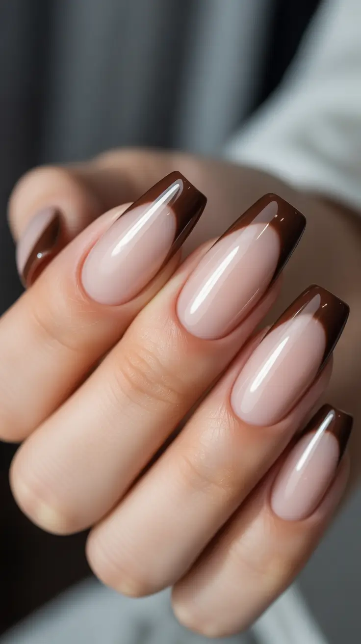 graduation nail color ideas 2026 Soft Chocolate French Graduation Nails with a Modern Twist