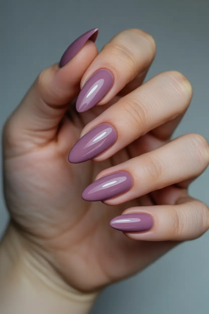 graduation nail color ideas 2026 Muted Mauve Almond Nails for a Soft Graduation Style