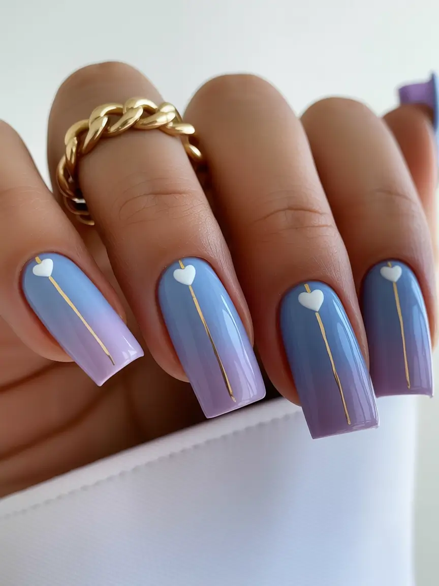 graduation nail color ideas 2026 Blue and Lavender Graduation Nails with Minimal Heart Details