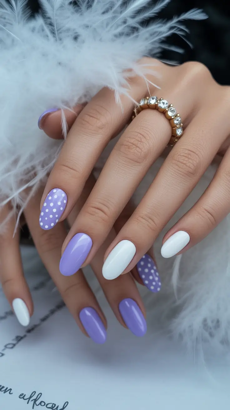 graduation nail color ideas 2026 Soft Lavender Polka Dot Nails with a Playful Graduation Mood