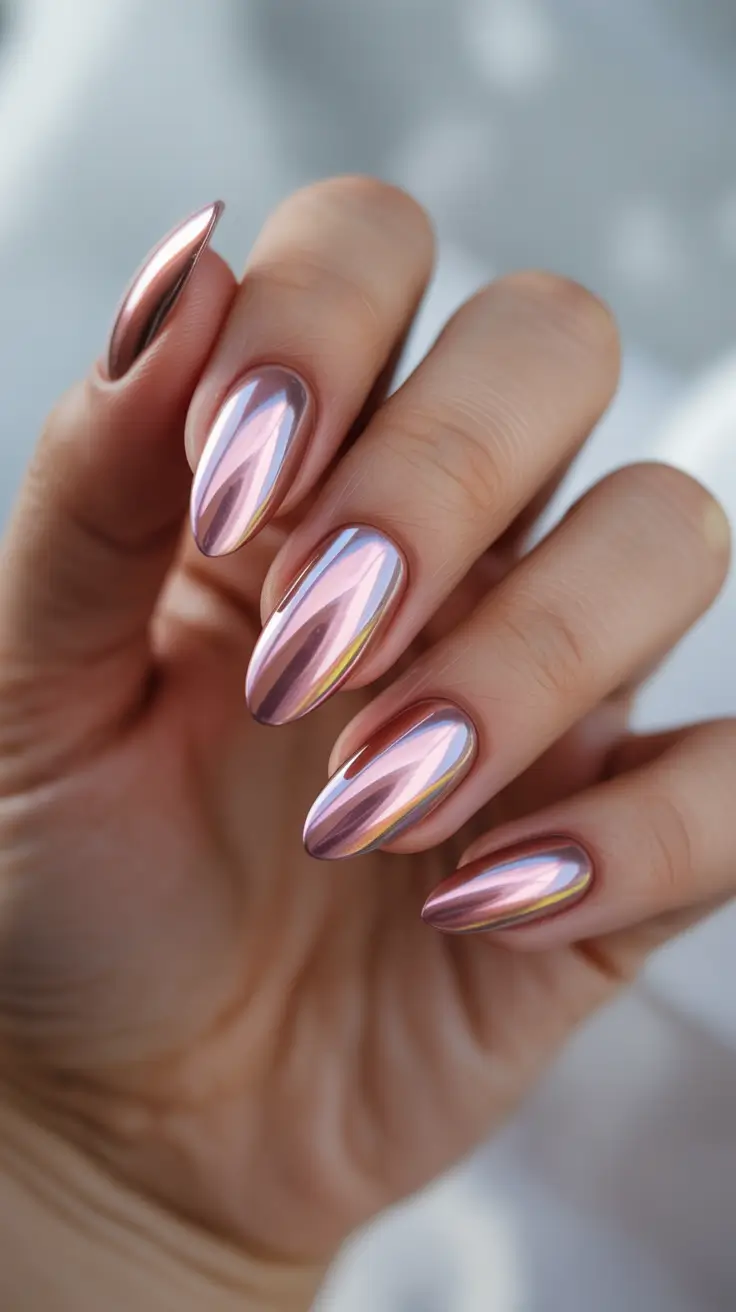 graduation nail color ideas 2026 Rose Chrome Graduation Nails with Mirror Shine