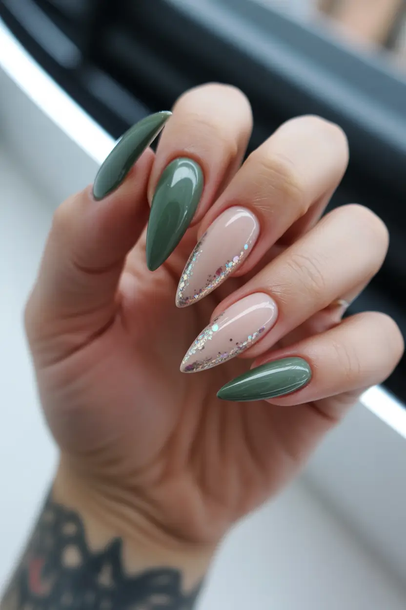 graduation nail color ideas 2026 Deep Green Almond Nails with Subtle Glitter Accents