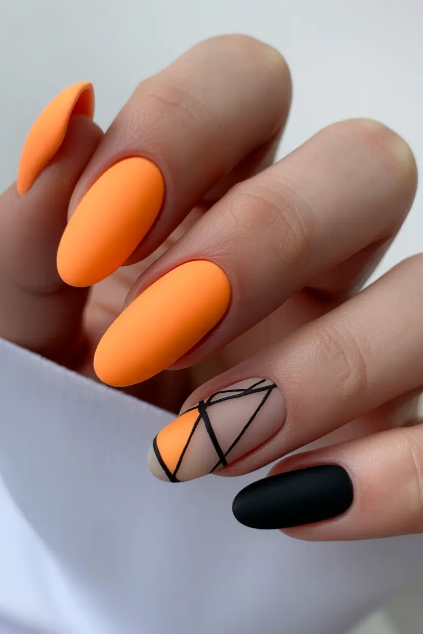 graduation nail color ideas 2026 Bold Matte Orange with Graphic Accent Lines