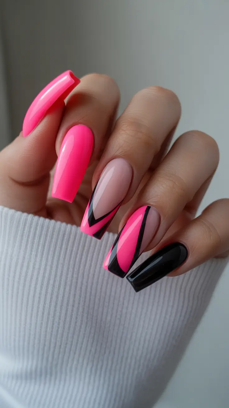 graduation nail color ideas 2026 Bold Neon Pink Graduation Nails with Graphic Black Accents