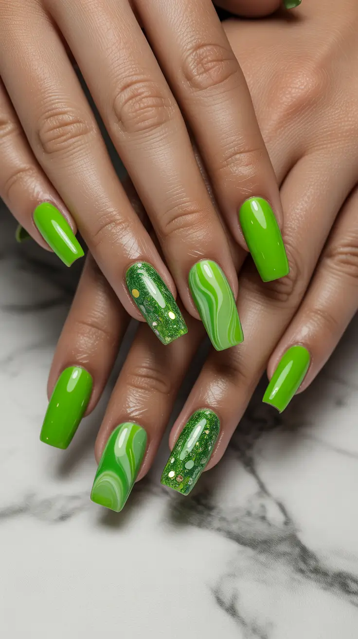 graduation nail color ideas 2026 Bright Green Marble Nails with Glitter Accents