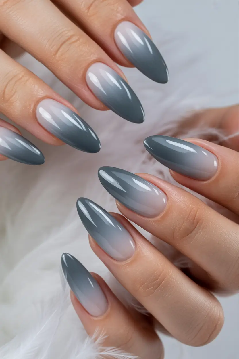 graduation nail color ideas 2026 Elegant Grey Ombre Almond Nails