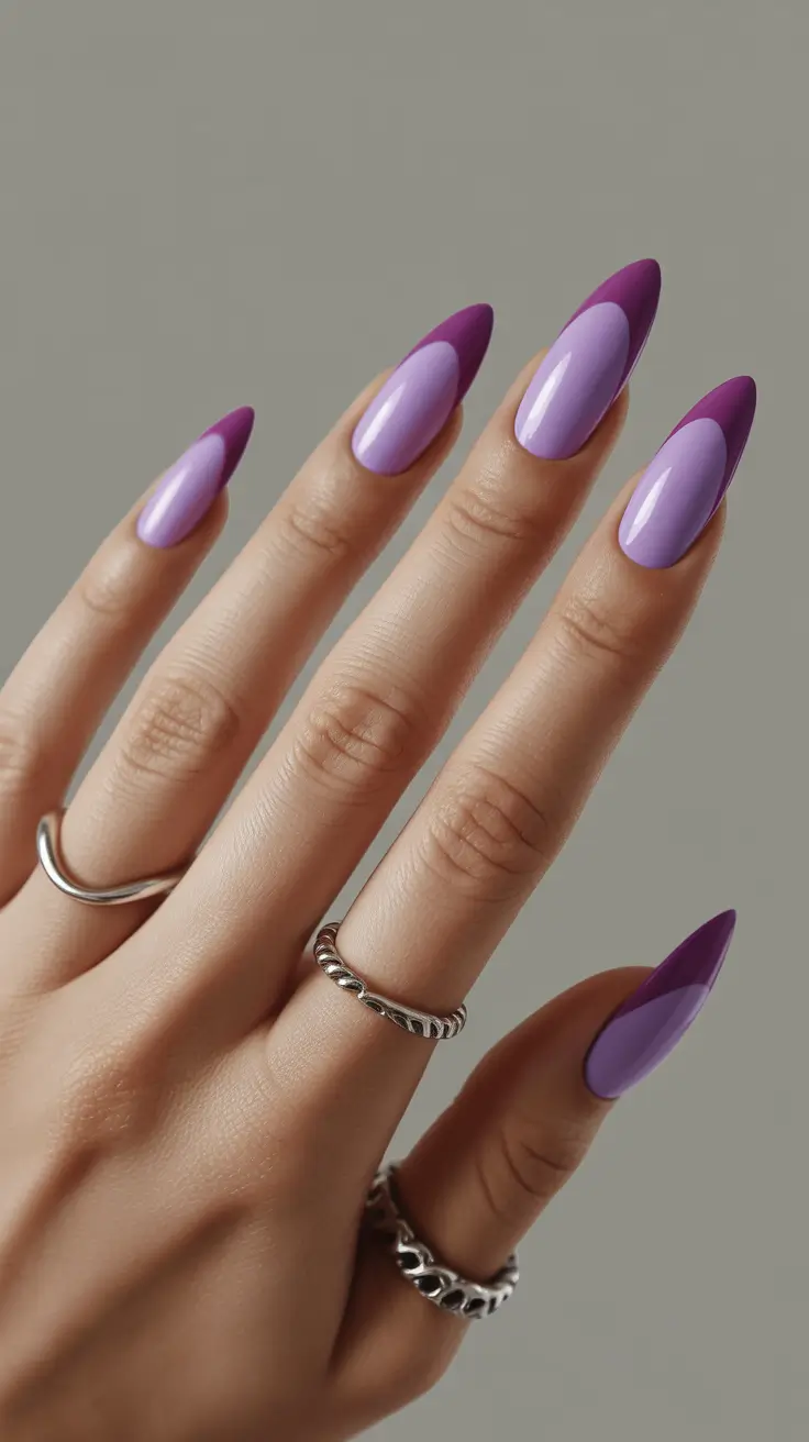 graduation nails ideas 2026 Lavender And Purple Almond Nails With Modern Color Blocking
