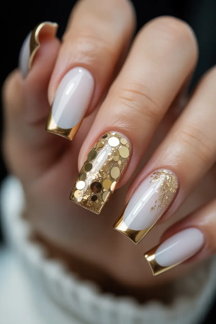 graduation nails ideas 2026 White And Gold Celebration Nails With Confetti Sparkle