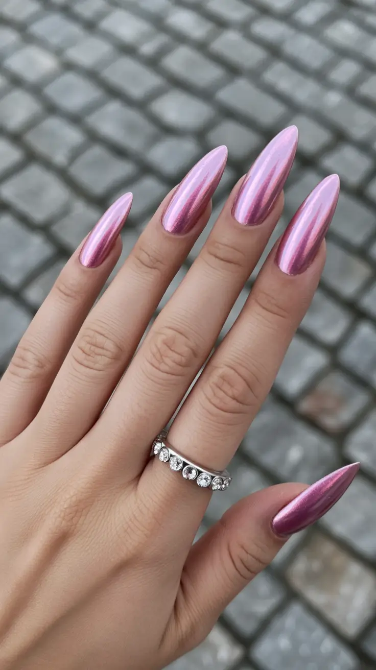 graduation nails ideas 2026 Metallic Pink Chrome Almond Nails For A Bold Graduation Statement