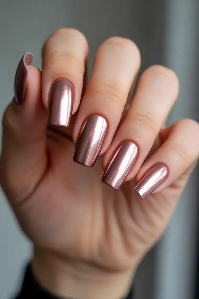 graduation nails ideas 2026 Rose Gold Chrome Nails With Elegant Reflective Finish