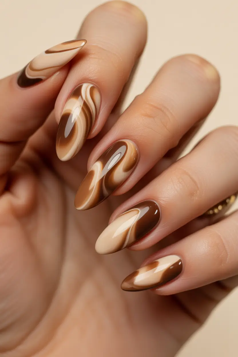 graduation nails ideas 2026 Mocha Marble Almond Nails With Artistic Swirls