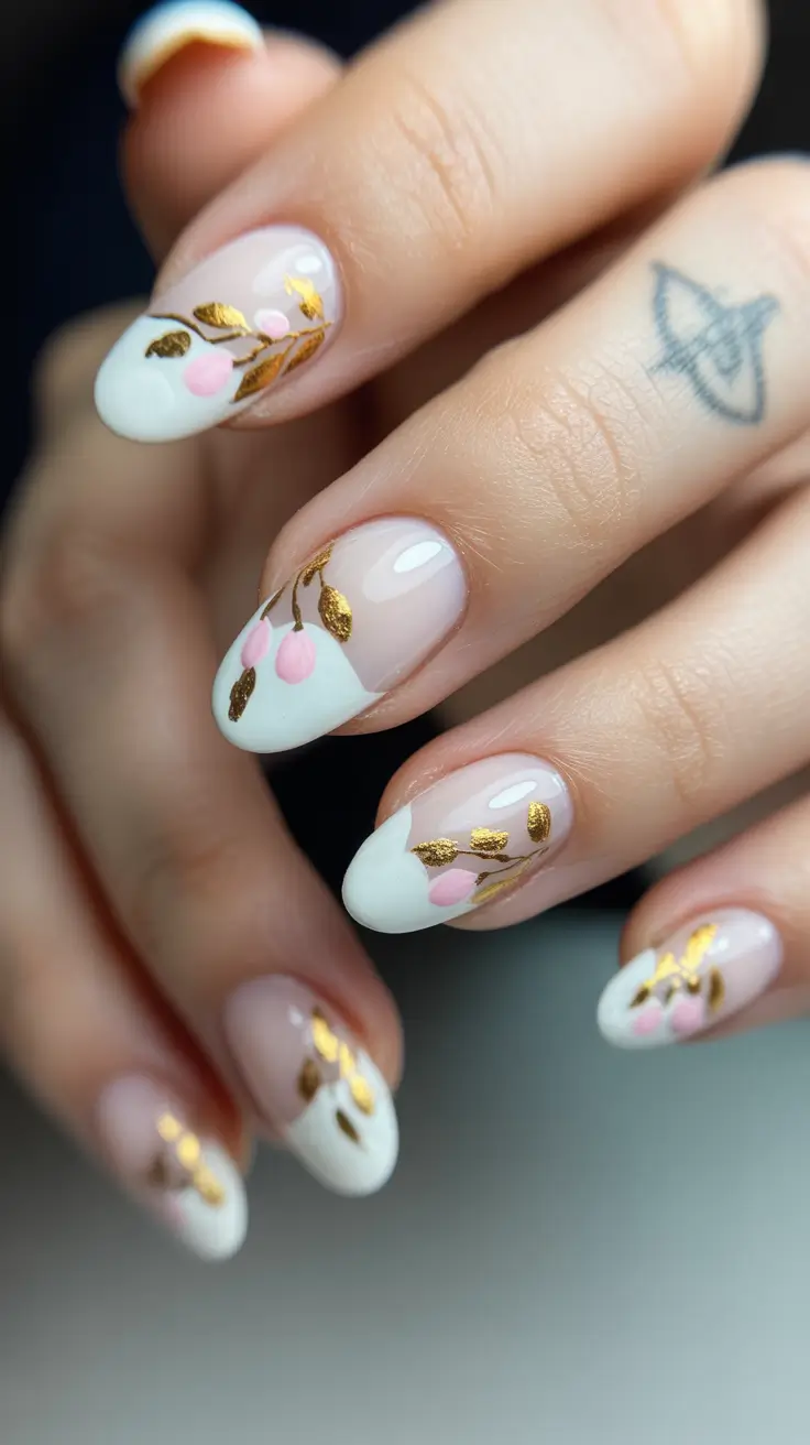 graduation nails ideas 2026 Delicate White And Gold Floral Graduation Nails